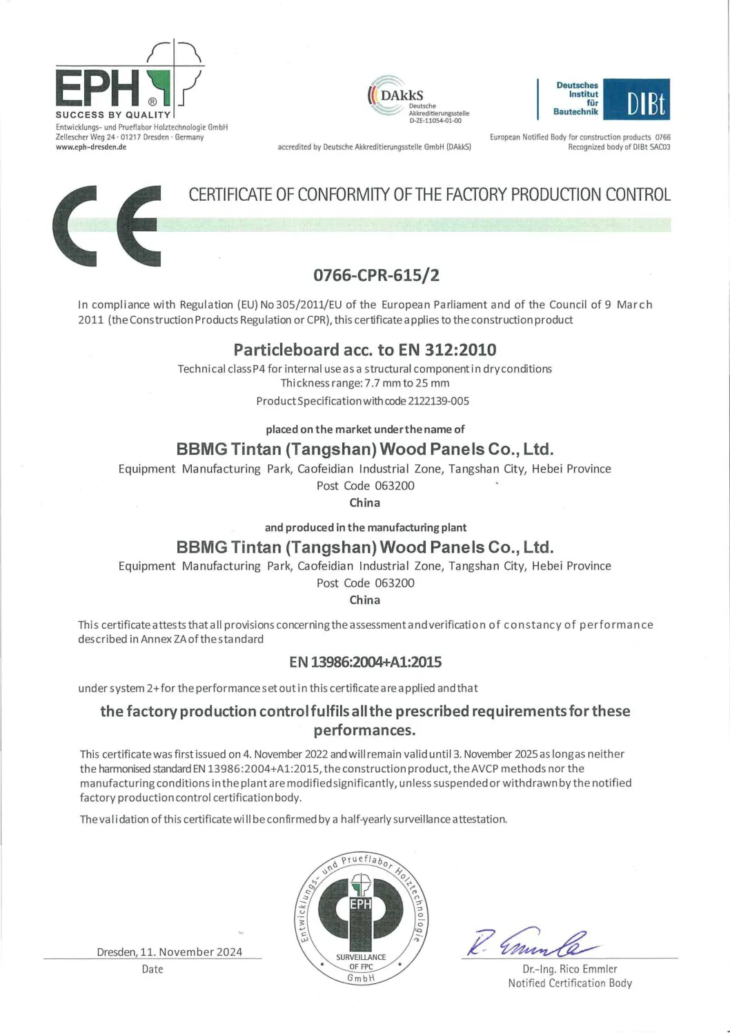 CE Certificate for Wood Based Panels