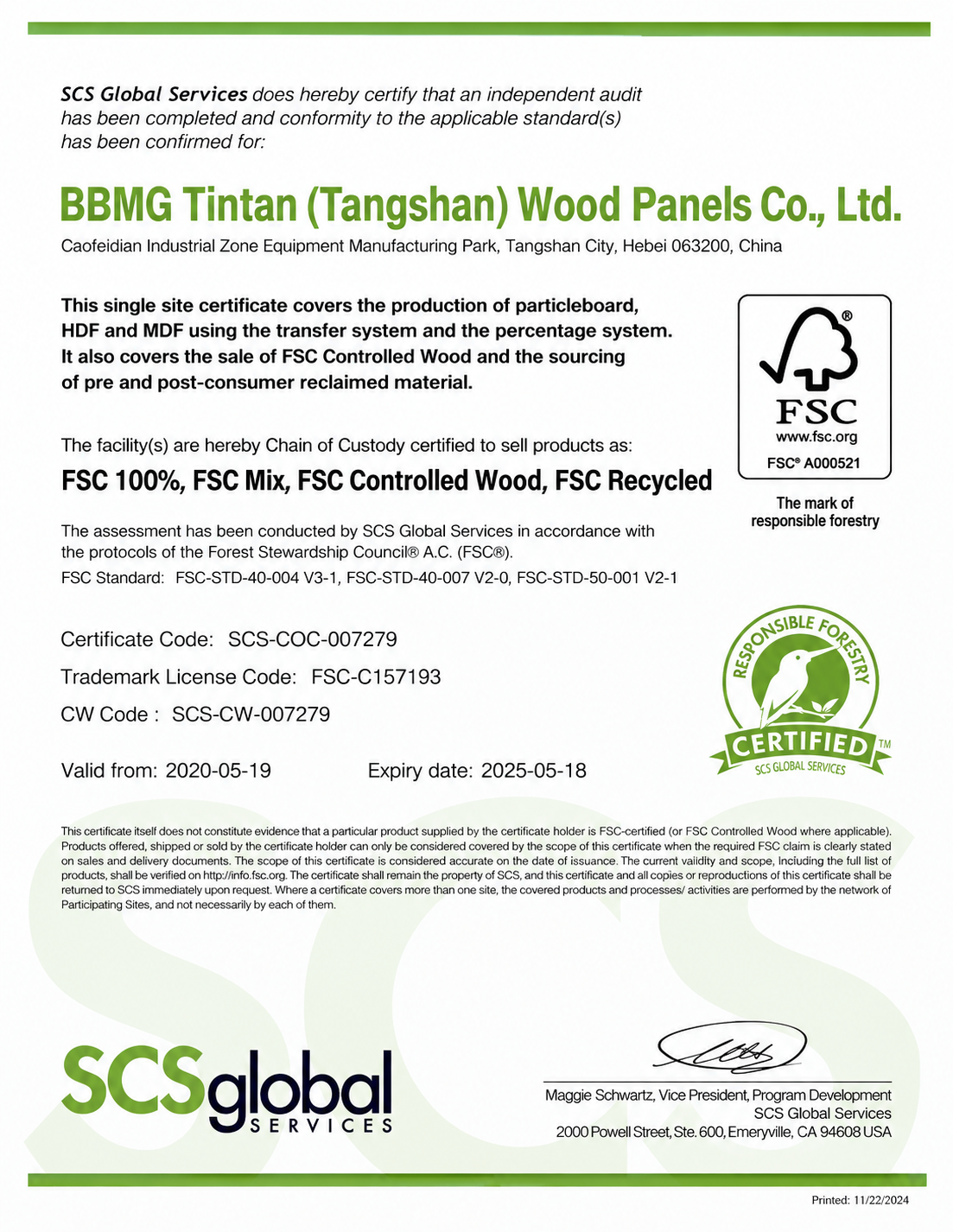 FSC Chain of Custody Certificate